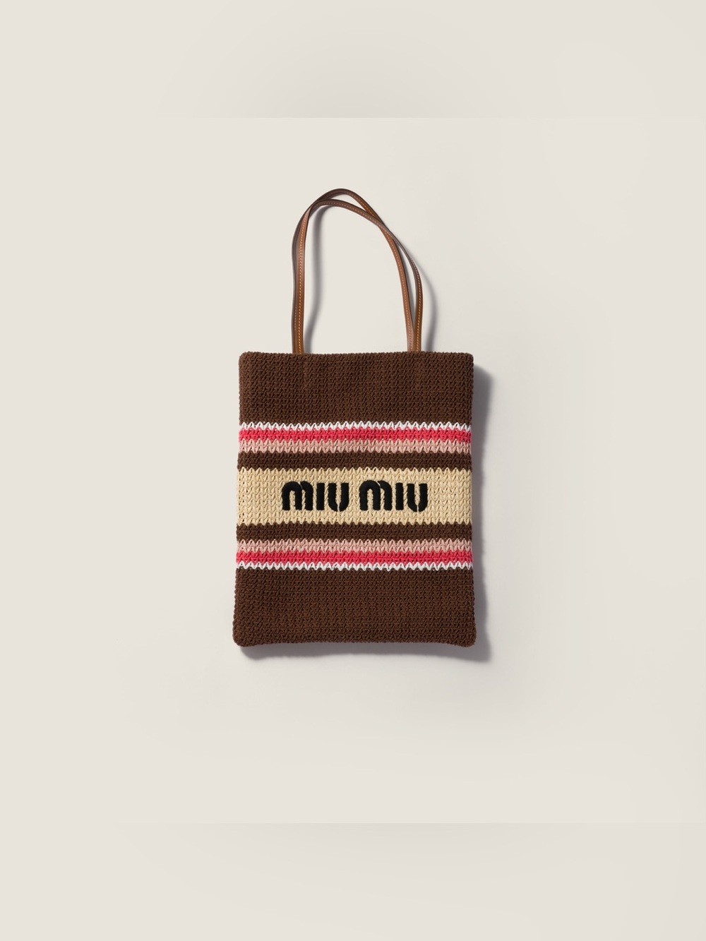 Miu Miu Crochet Knit Shopping Tote Bag Brown Pink Striped Large Raffia-effect - Picture 6 of 14